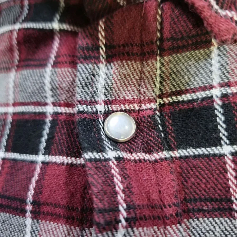 Vintage Haband Casual Joe Flannel Shirt Mens XL Burgundy Black Plaid Pearl Snap